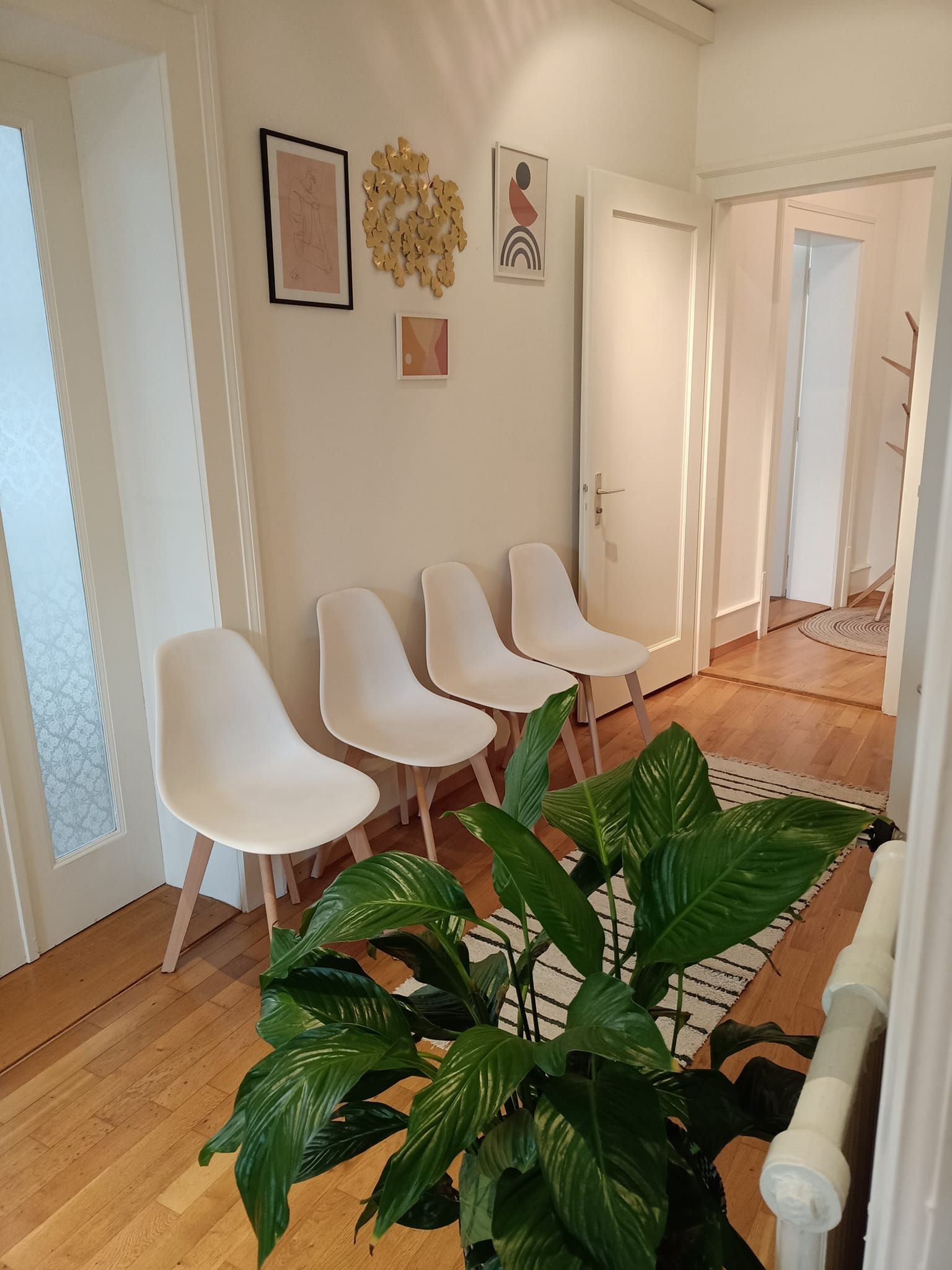 Une salle d'attente avec des chaises blanches et une plante au milieu au bureau basé à Fribourg