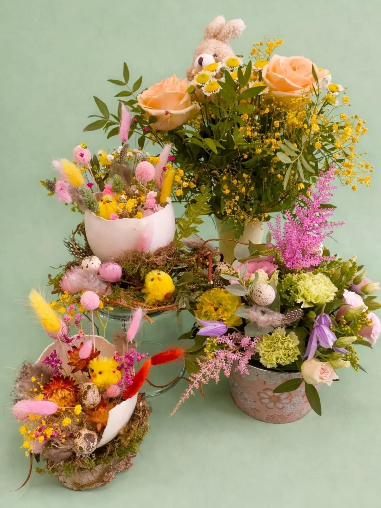 Compositions florales colorées variées dans de petits pots sur un fond vert pâle.