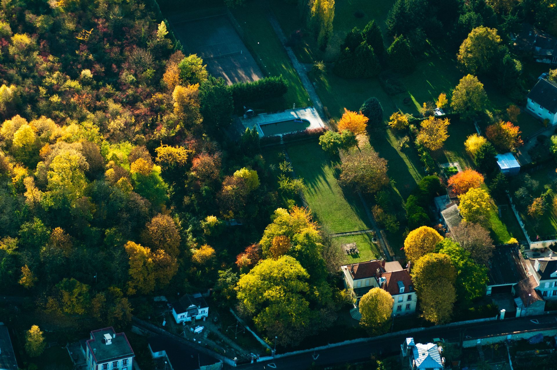 Vue aérienne d'un quartier résidentiel arboré, avec ses maisons et son feuillage d'automne baigné de soleil.