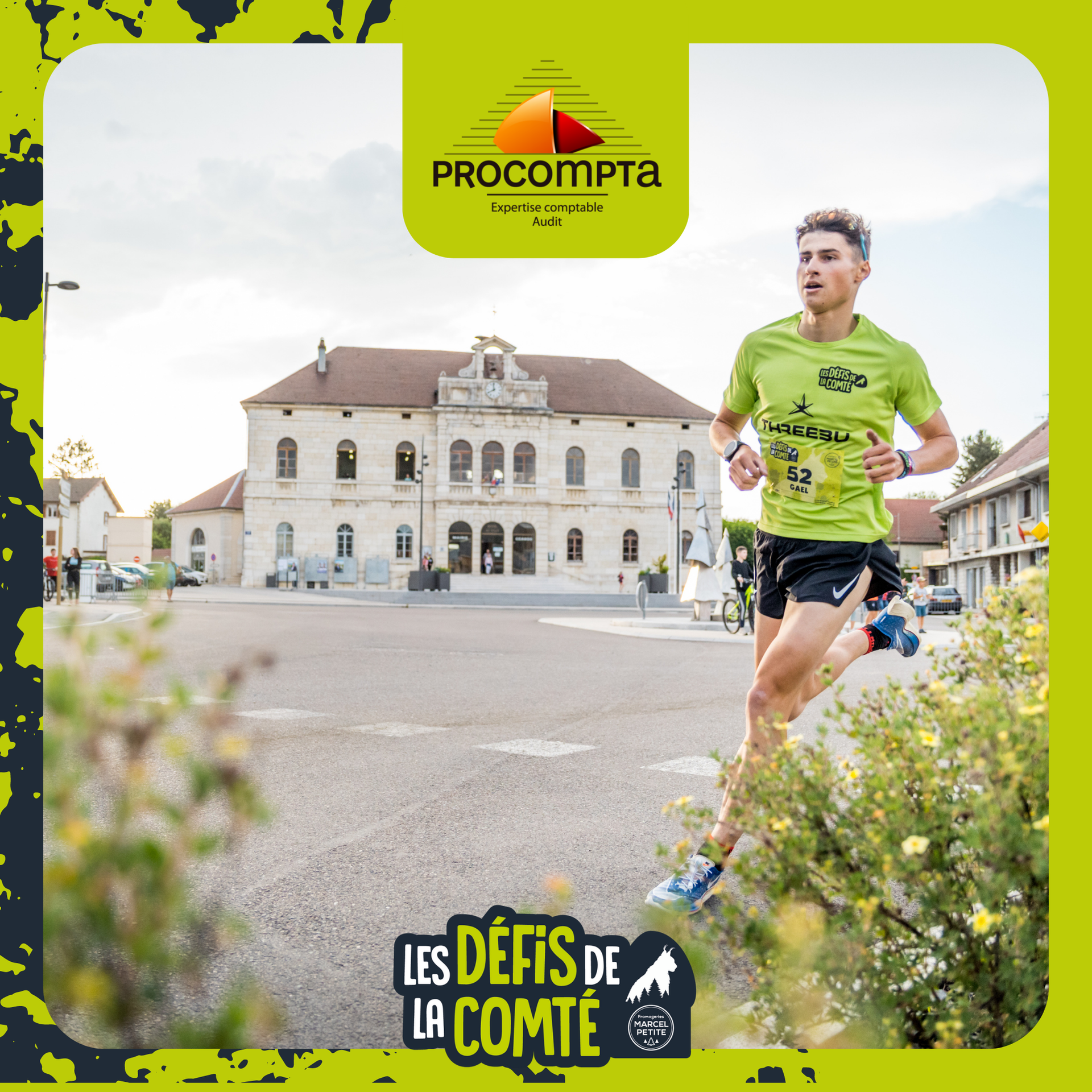 Homme en tenue de course courant devant un bâtiment de style 18e