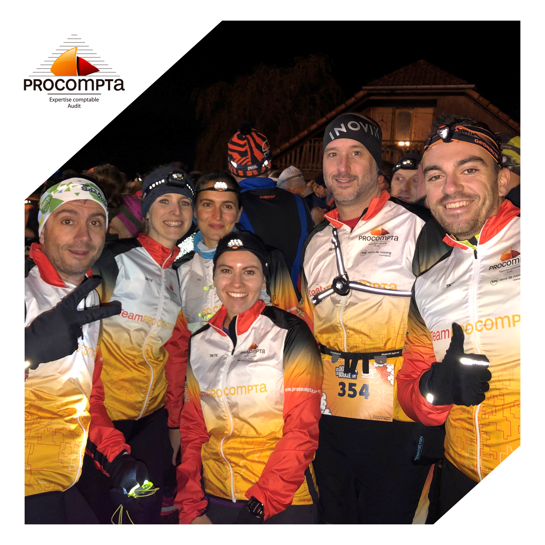 Membres de l'équipe de Procompta participant à un événement sportif et portant les couleurs de l'entreprise