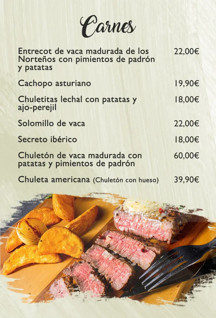 Carta de carnes con precios, destacando un filete con patatas.
