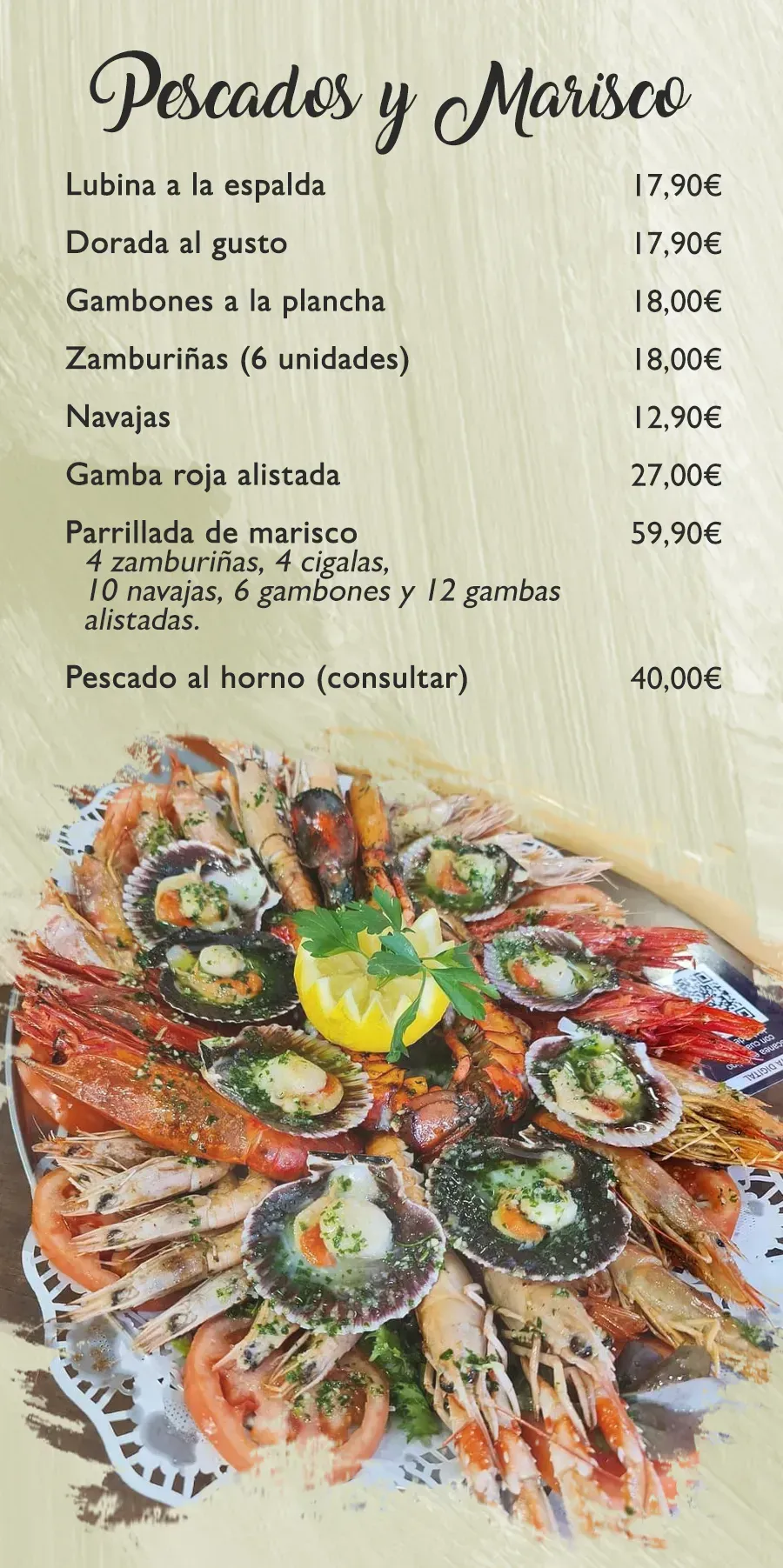 Menú de mariscos con precios. Plato de mariscos cocinados.