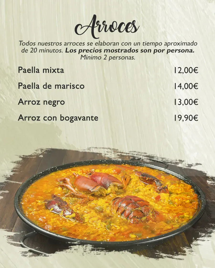 Carta de arroces con precios: Paella mixta, paella de marisco, arroz negro, arroz con bogavante.