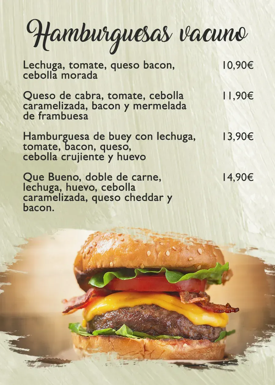 Menú de hamburguesas: varias opciones con precios, una hamburguesa en el fondo.