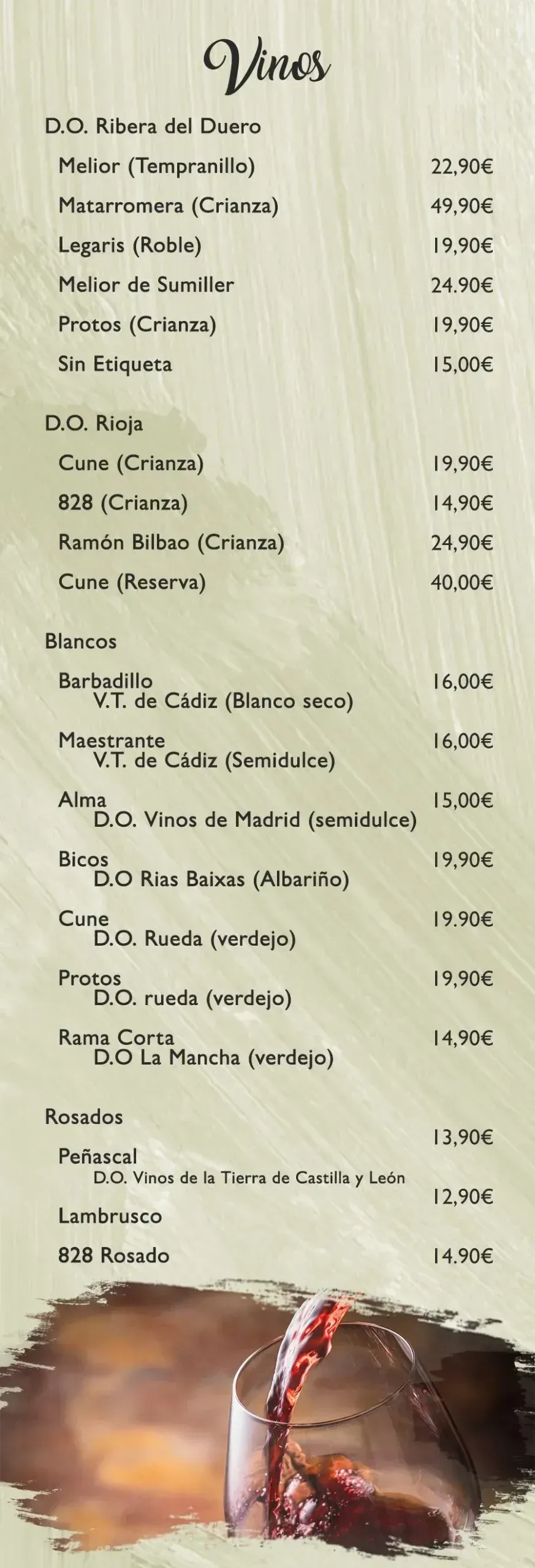 Carta de vinos con distintas opciones, precios y una imagen de vino vertido en una copa.
