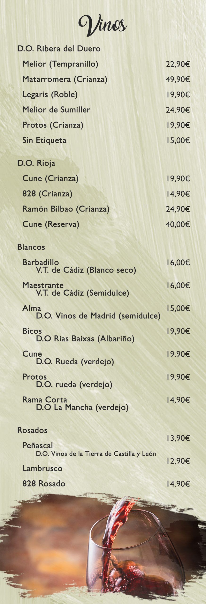 Carta de vinos con distintas opciones, precios y una imagen de vino vertido en una copa.