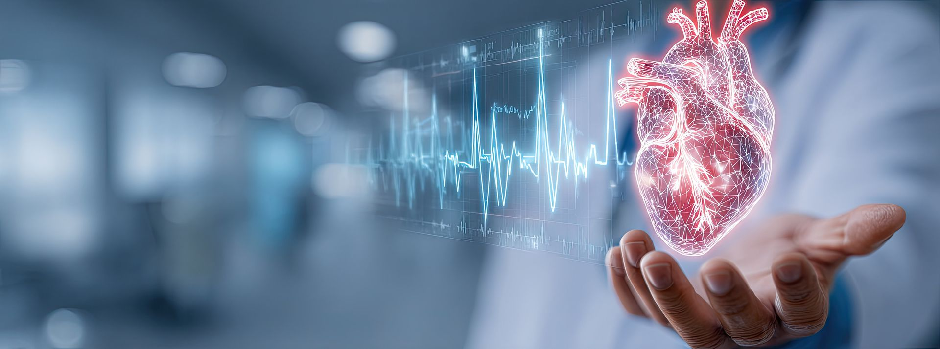 Médico sosteniendo un corazón digital con un latido brillante sobre un fondo borroso.