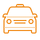 Contour orange d'un taxi, tourné vers l'avant, avec une fenêtre et des phares en pointillés et un éclairage sur le toit.