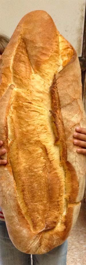 Una persona sostiene una hogaza de pan muy grande delante de su cara.