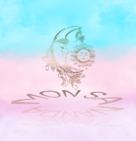 Emblema dorado de luna creciente y sol sobre fondo degradado de azul pastel a rosa, con texto reflejado debajo.