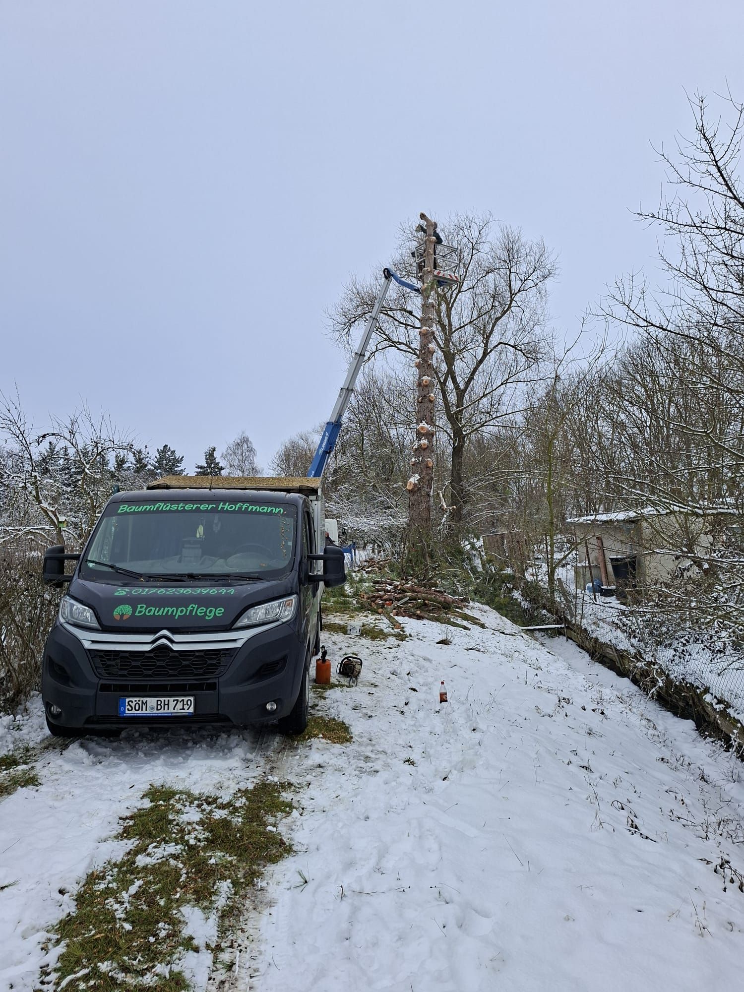 Schneebedeckter Hang mit einem Baumstamm, an dem Äste entfernt wurden, daneben ein schwarzes Fahrzeug
