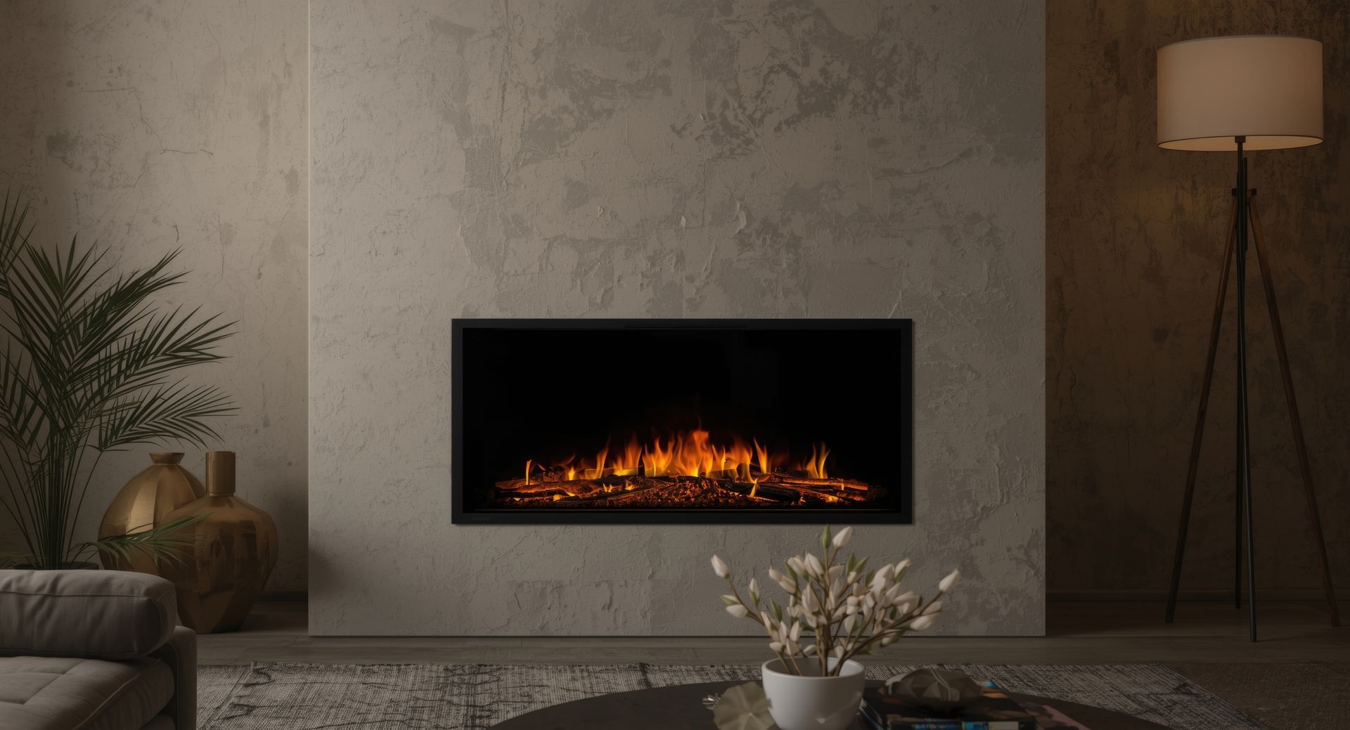 Une cheminée, une lampe et une plante verte.