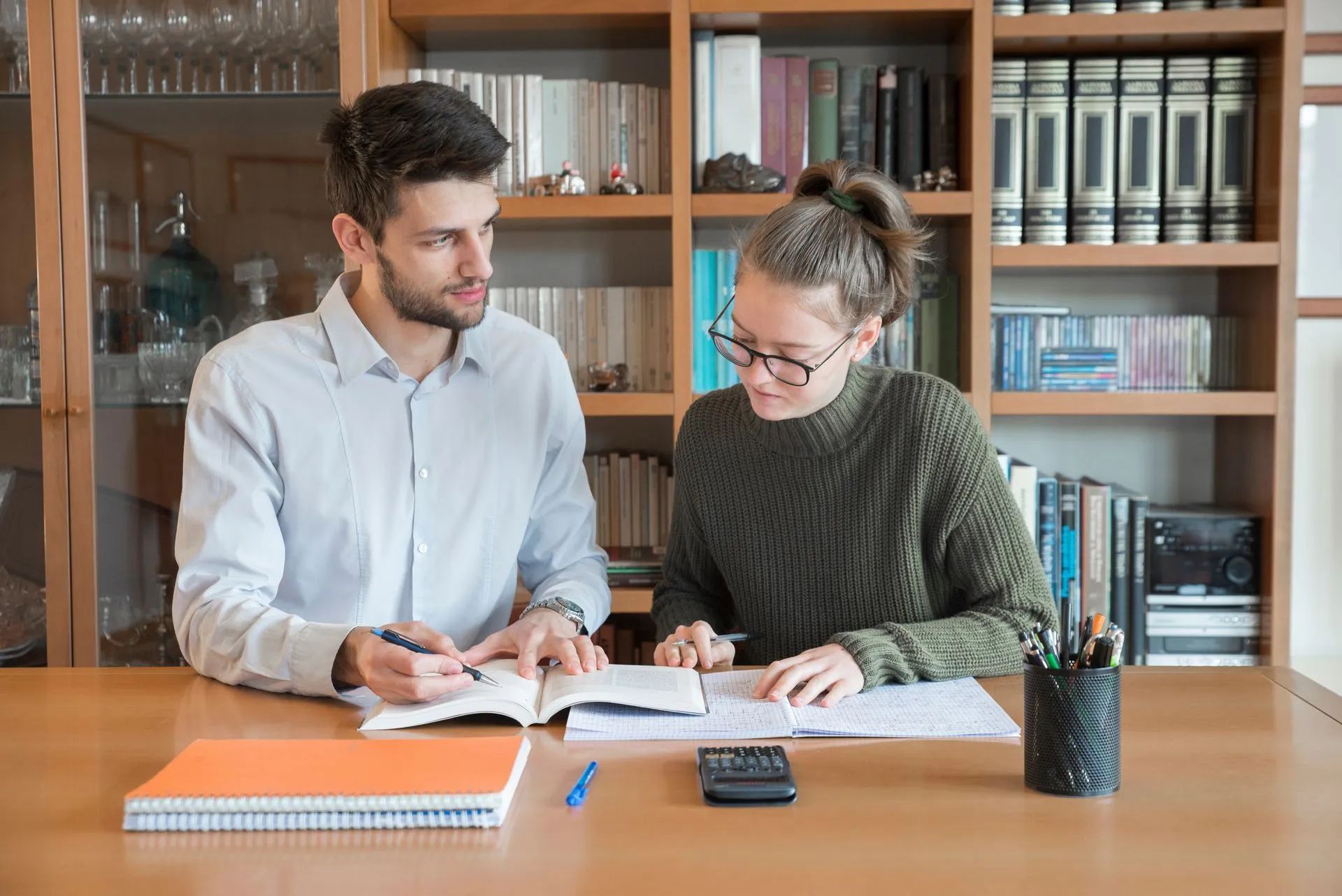 Un professeur à domicile et son élève étudient devant une grande bibliothèque