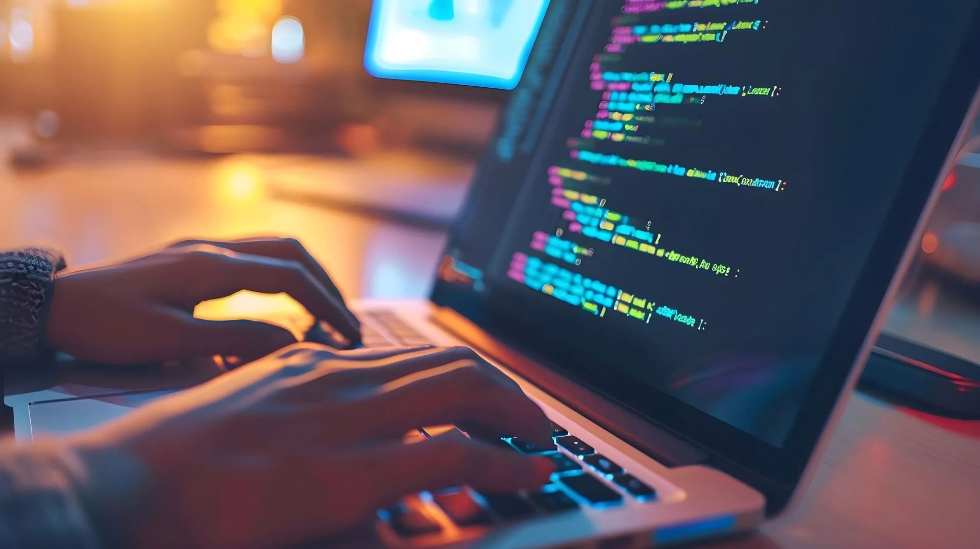 Codage sur un ordinateur portable, dans un bureau faiblement éclairé