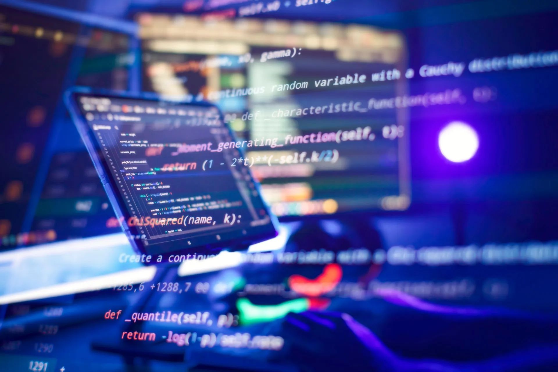 Lignes de code flottant devant un ordinateur