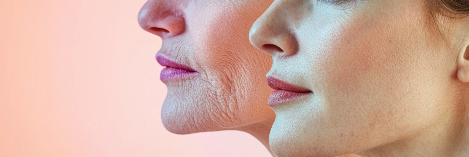 Comparación de un rostro con arrugas (izquierda) y una piel más suave (derecha).