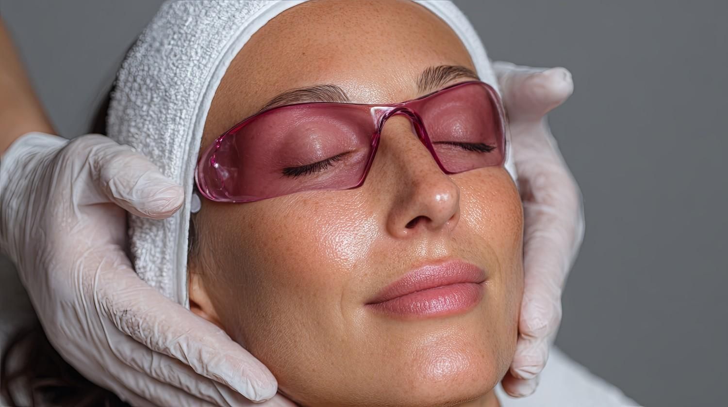 Persona con gafas protectoras rosas recibiendo un tratamiento facial. Manos con guantes blancos se tocan suavemente la cara.