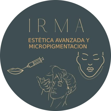 Logo: "IRMA" con "EST&Eacute;TICA AVANZADA Y MICROPIGMENTACI&Oacute;N." Ilustraciones de tratamientos faciales, micropigmentaci&oacute;n