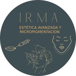 Logo: "IRMA" con "EST&Eacute;TICA AVANZADA Y MICROPIGMENTACI&Oacute;N." Ilustraciones de tratamientos faciales, micropigmentaci&oacute;n