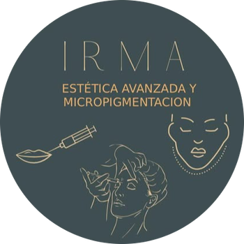 Logo: "IRMA" con "EST&Eacute;TICA AVANZADA Y MICROPIGMENTACI&Oacute;N." Ilustraciones de tratamientos faciales, micropigmentaci&oacute;n