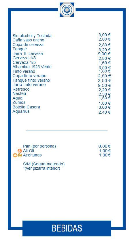 Carta de bebidas con borde azul que muestra las bebidas y sus precios en una página blanca.