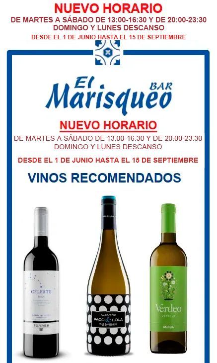 Cartel de El Marisquero con nuevo horario y vinos recomendados, con tres botellas sobre fondo blanco.