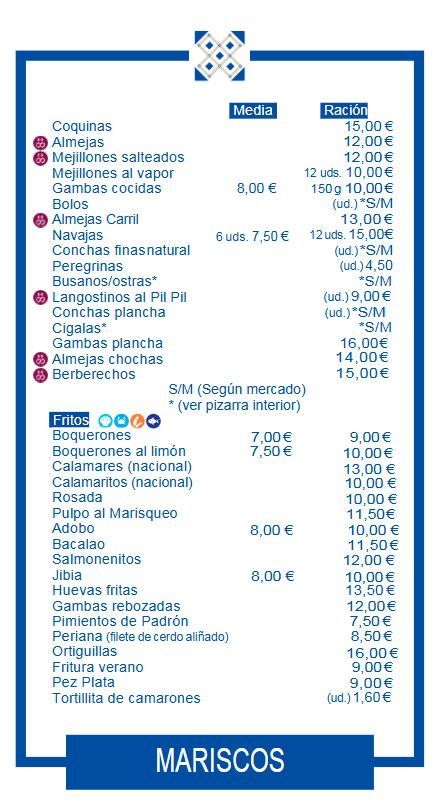 Menú de mariscos con marco azul, con platos y precios españoles, encabezado “MARISCOS”.
