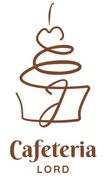 Logotipo marrón de una cafetería con una taza estilizada, vapor y el texto “Cafeteria LORD”.