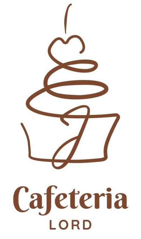 Logotipo marrón de una cafetería con una taza estilizada, vapor y el texto “Cafeteria LORD”.