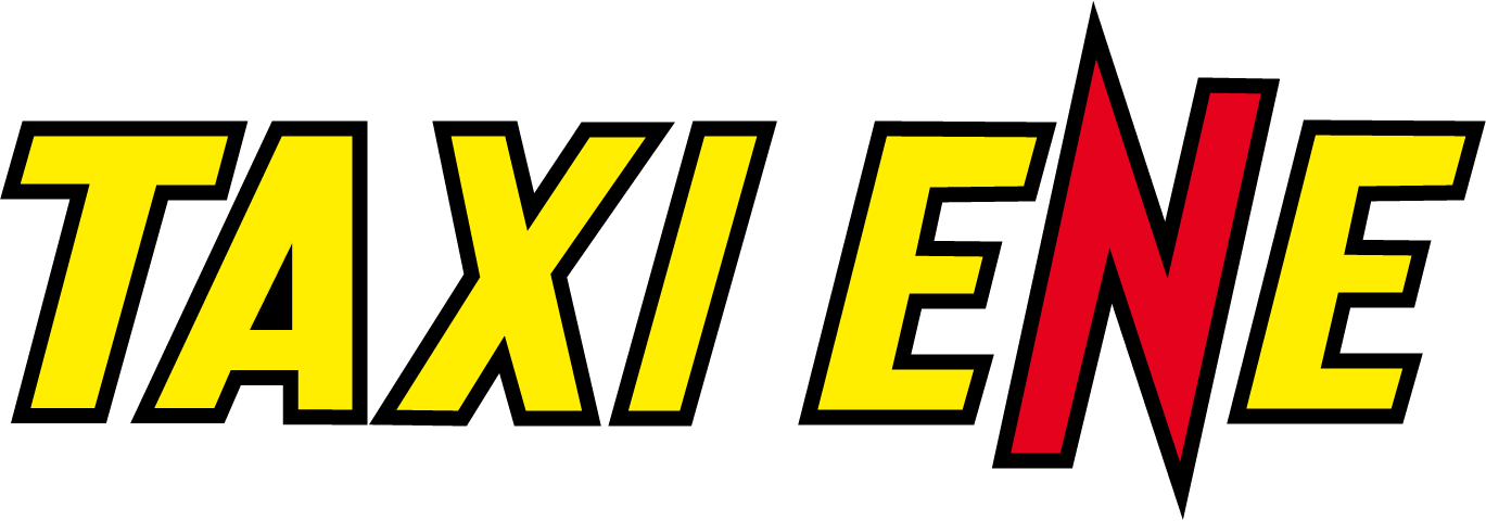 Ein gelb-rotes Logo für Taxi Ene auf weißem Hintergrund.