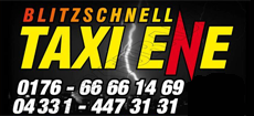 Ein Schild für Blitzschnell Taxi Ene mit einem Blitz im Hintergrund