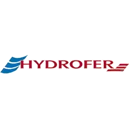 Logotipo para Hydrofer: alas abstractas azules y blancas y un nombre de empresa en rojo/granate con líneas rojas