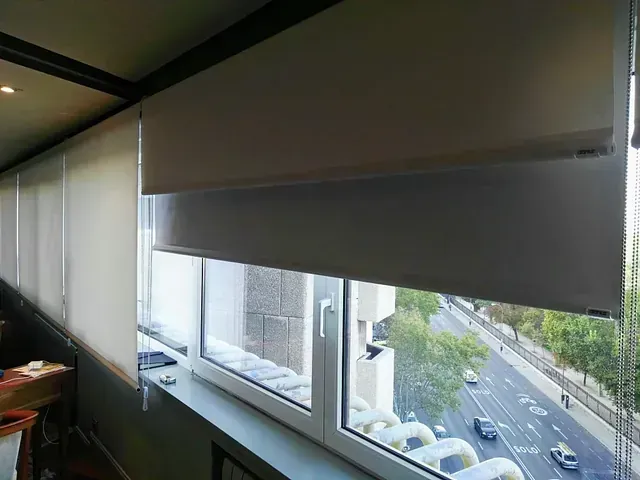 Una ventana con persianas y vista a una calle.