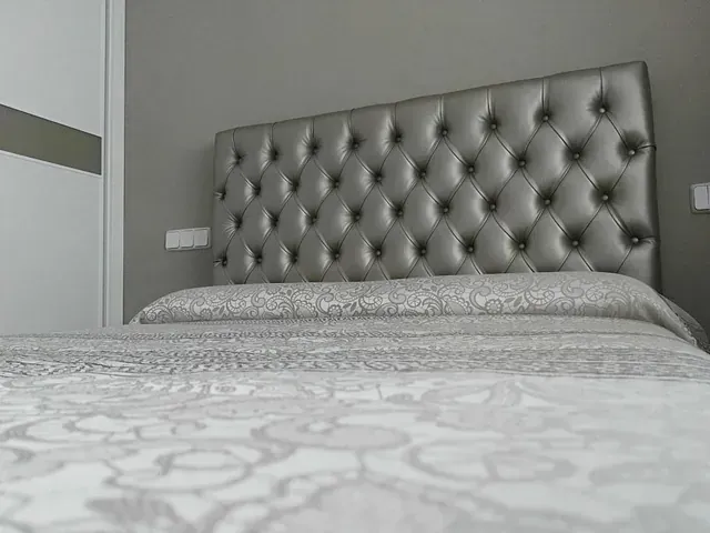 Una cama con cabecera gris y edredón blanco en un dormitorio.