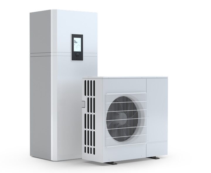 Système de pompe à chaleur blanc composé d'une unité extérieure avec ventilateur et d'une unité de stockage intérieure avec affichage.