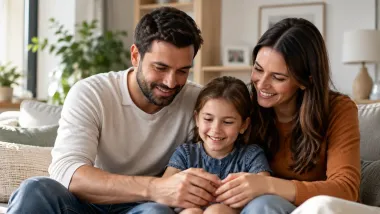 Una familia sonriente sentada en un sofá, leyendo un libro juntos en una acogedora sala de estar.