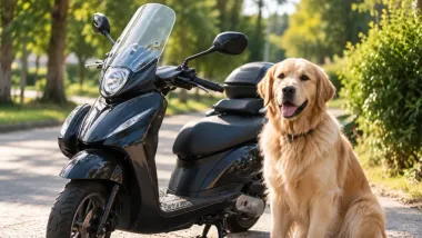 Golden retriever sentado junto a un scooter negro en una calle soleada, con árboles al fondo.