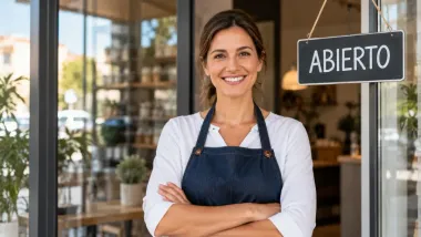 Dueño sonriente de una tienda de pie frente a un local con un letrero que dice 