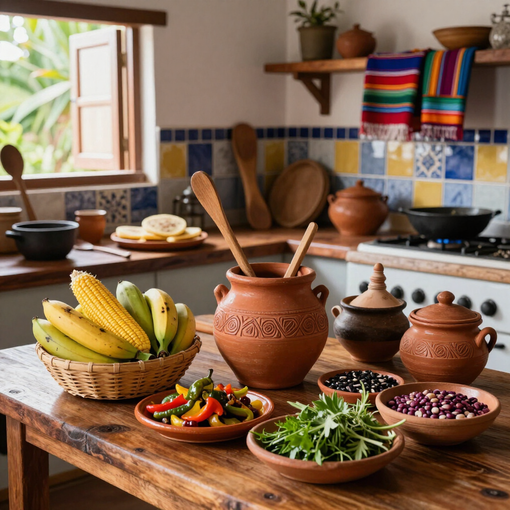 Encimera de cocina rústica con fruta, hierbas, especias y macetas de barro cerca de una ventana abierta.