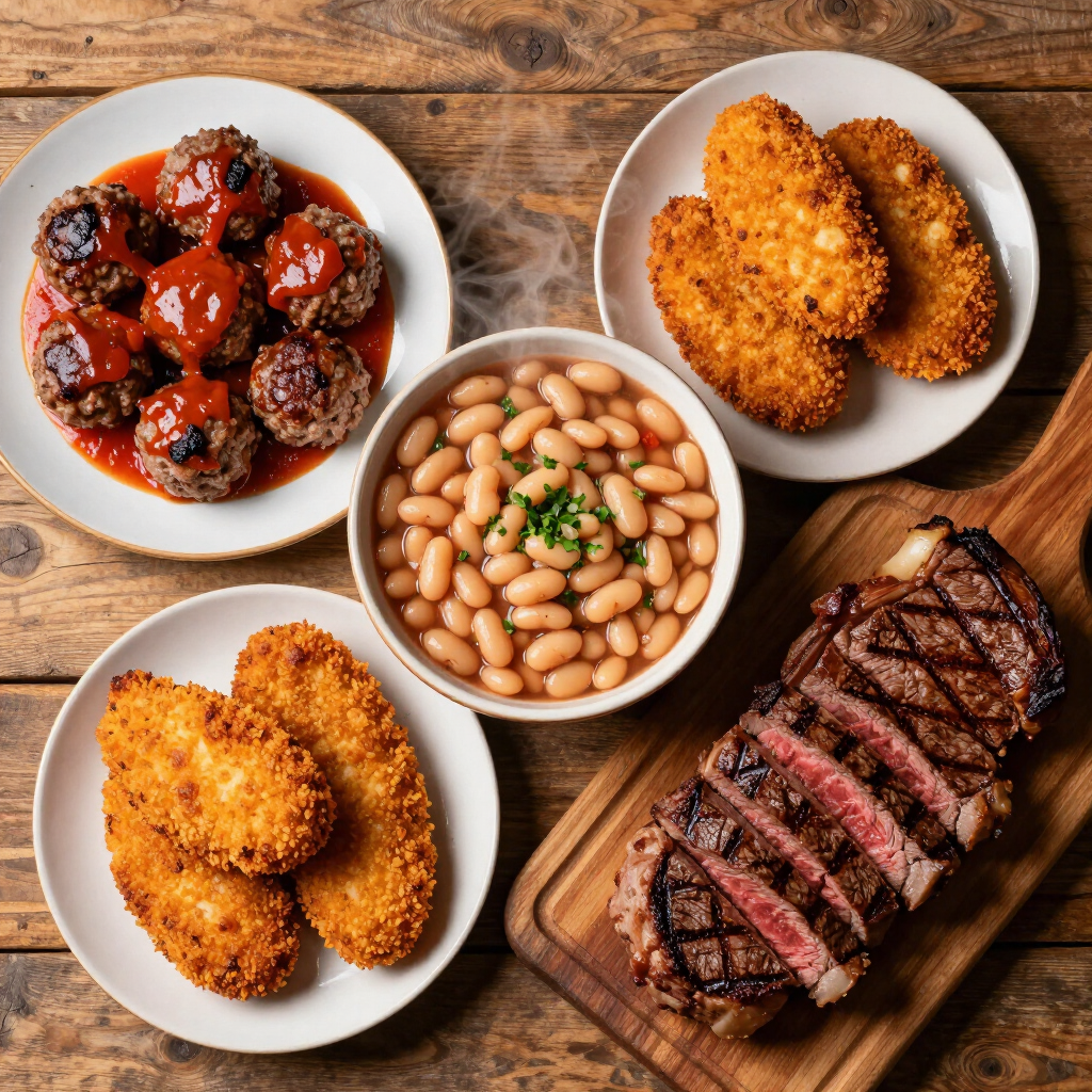 Platos variados sobre una mesa de madera: albóndigas con salsa, judías al horno, croquetas fritas y filete en rodajas.