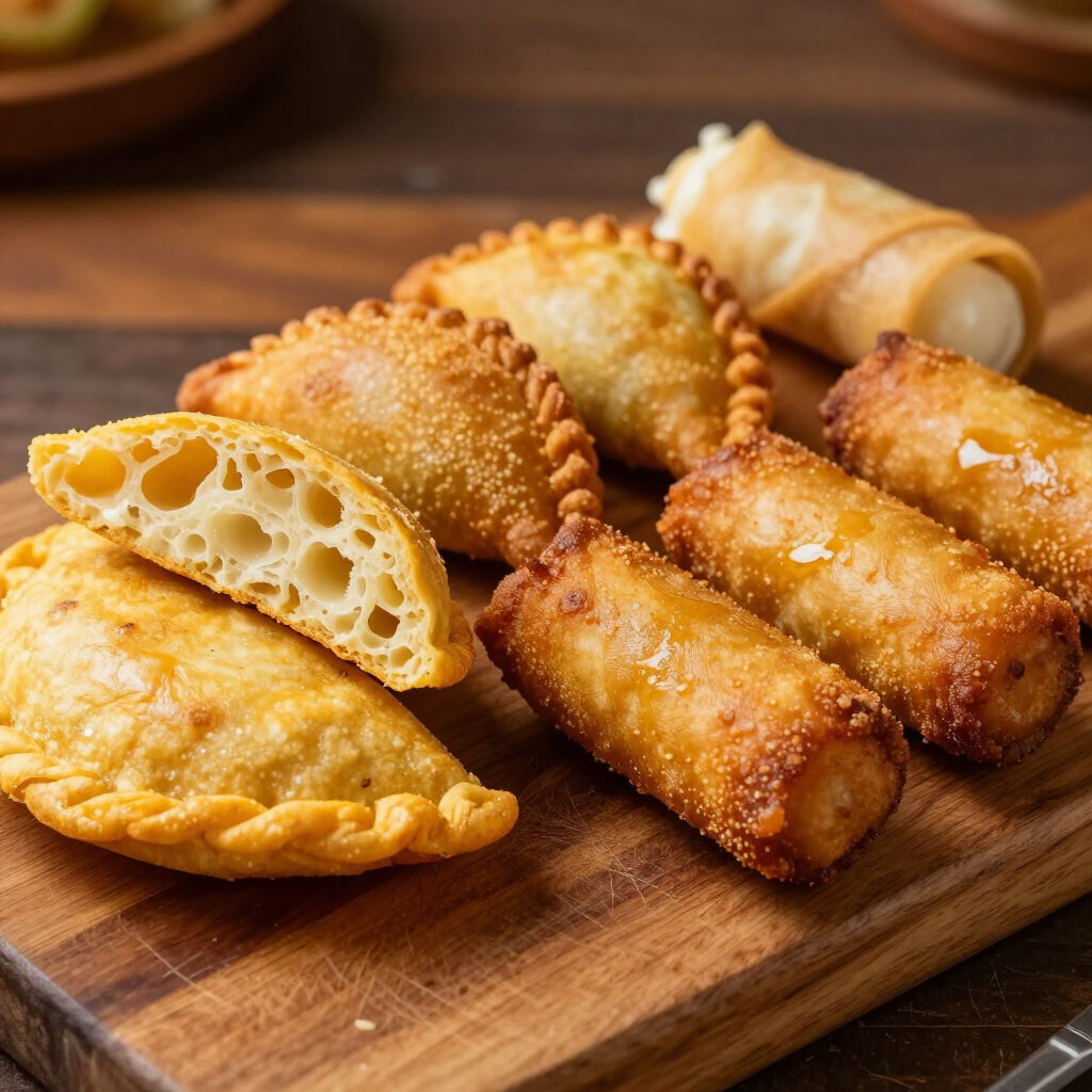 Pasteles fritos dorados y bocadillos enrollados sobre
