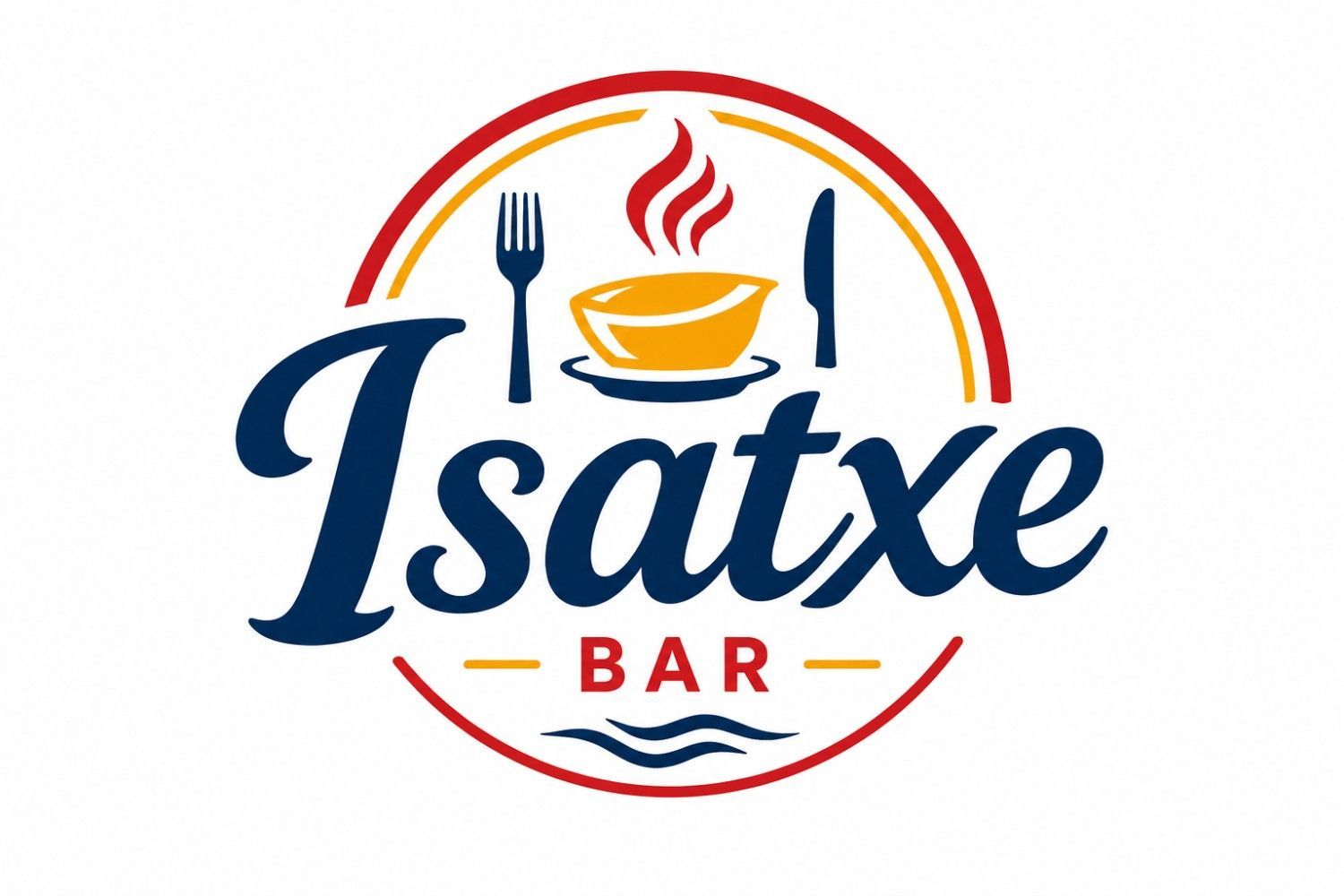 Logotipo del Isatxe Bar con tenedor, cuenco humeante y detalles circulares rojos y azules.