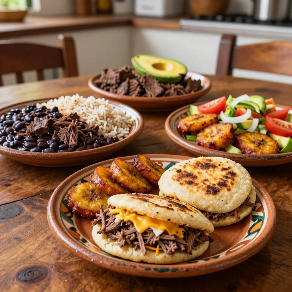 Platos variados latinoamericanos en platos de barro, incluyendo arroz, frijoles, aguacate y arepas sobre una mesa de madera.