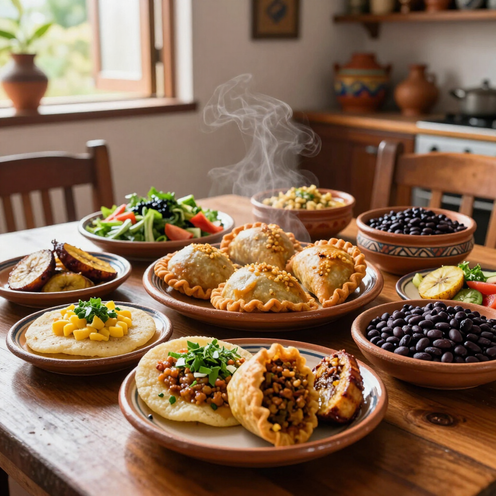 Mesa con una variedad de pasteles salados, salsas, ensaladas y legumbres en un ambiente cálido de cocina.