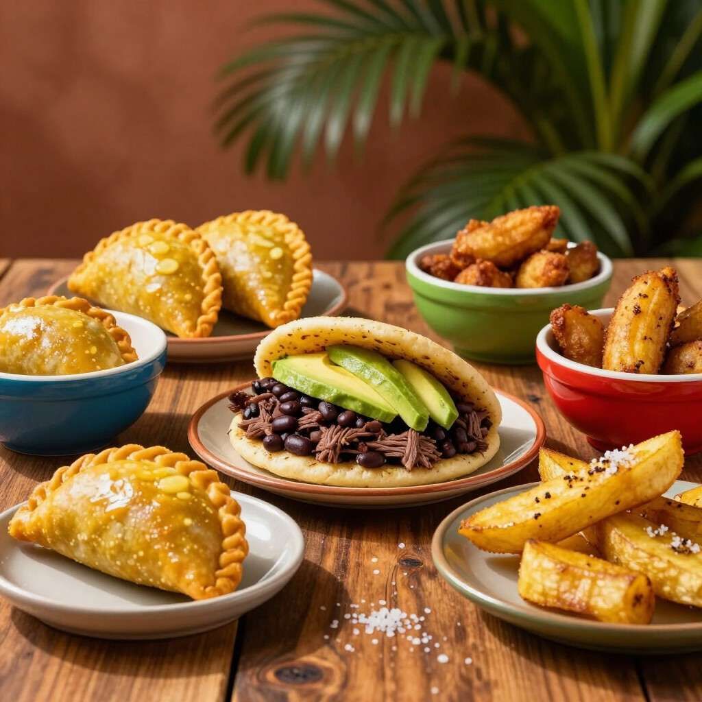 Variedad de platillos mexicanos sobre una mesa de madera: tacos, taquitos, totopos y salsa para untar en coloridos cuencos.