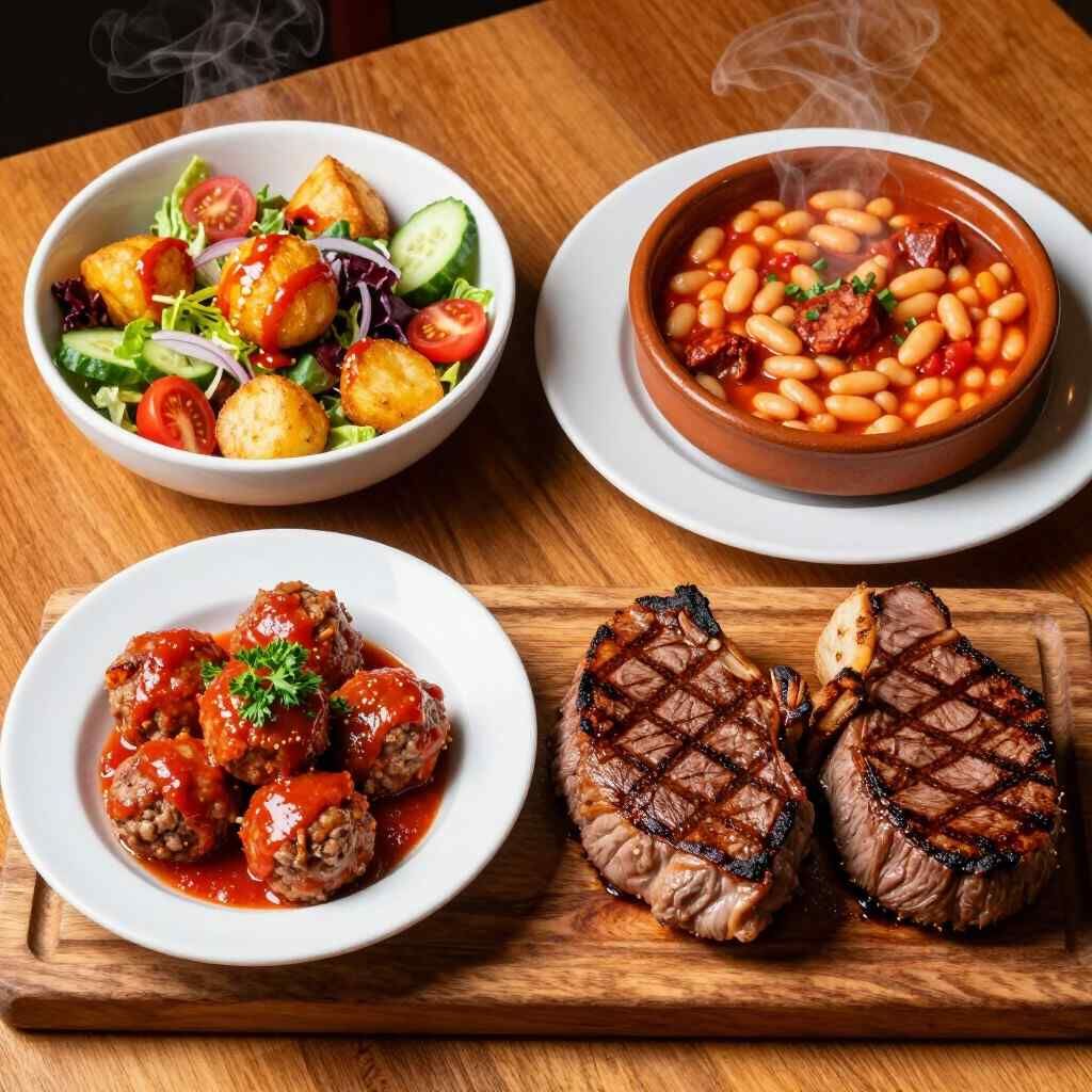 Filetes a la parrilla, albóndigas, ensalada y frijoles