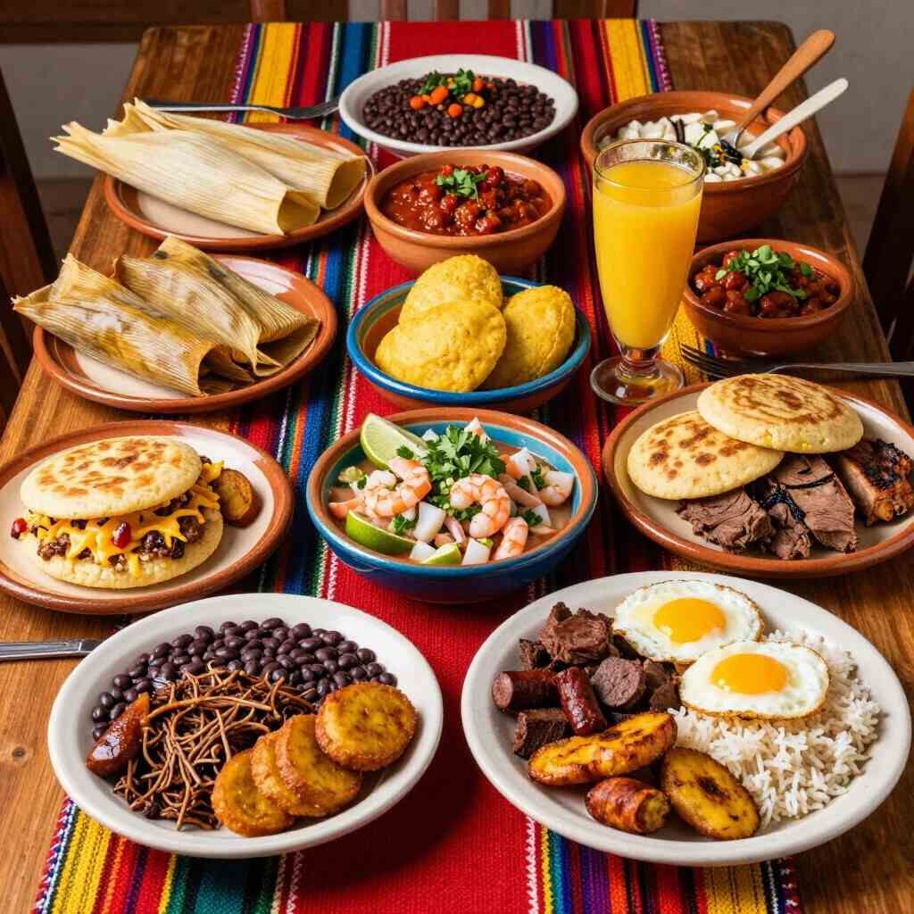 Variedad de platillos y bebidas mexicanas dispuestas sobre un colorido mantel, incluyendo tacos, tamales, salsas y huevos.