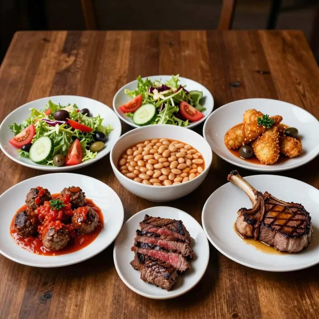Variedad de carnes, ensaladas y legumbres servidas en platos sobre una mesa de madera.