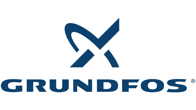 Logotipo azul da Grundfos: arco estilizado e formato de V acima do nome da empresa.